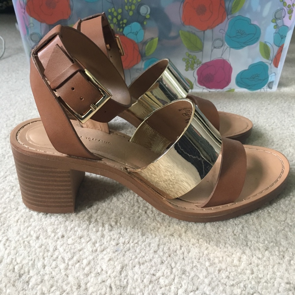 Zara Cognac Leather Sandals with Gold Accent Strap
